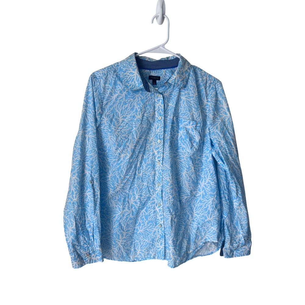 Talbots Blue White Coral Sea Life Print Cotton Button Down Shirt Large